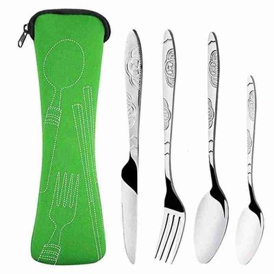 Portable Stainless Steel Dinnerware Set With Bag Camping Cutlery For Family Dining And Outdoor Adventures Green 4Pcs