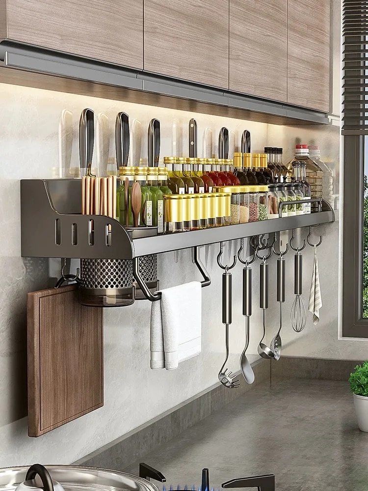 Kitchen Spice Storage & Knife Holder Stand Spice Rack Organizer With Spoon Rest & Hanging Organizers 4