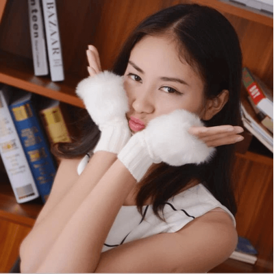 Faux Fur Knitted Fingerless Gloves, Warm Winter Half Finger Gloves For Men Women, Soft Thermal Hand Warmers For Outdoor white