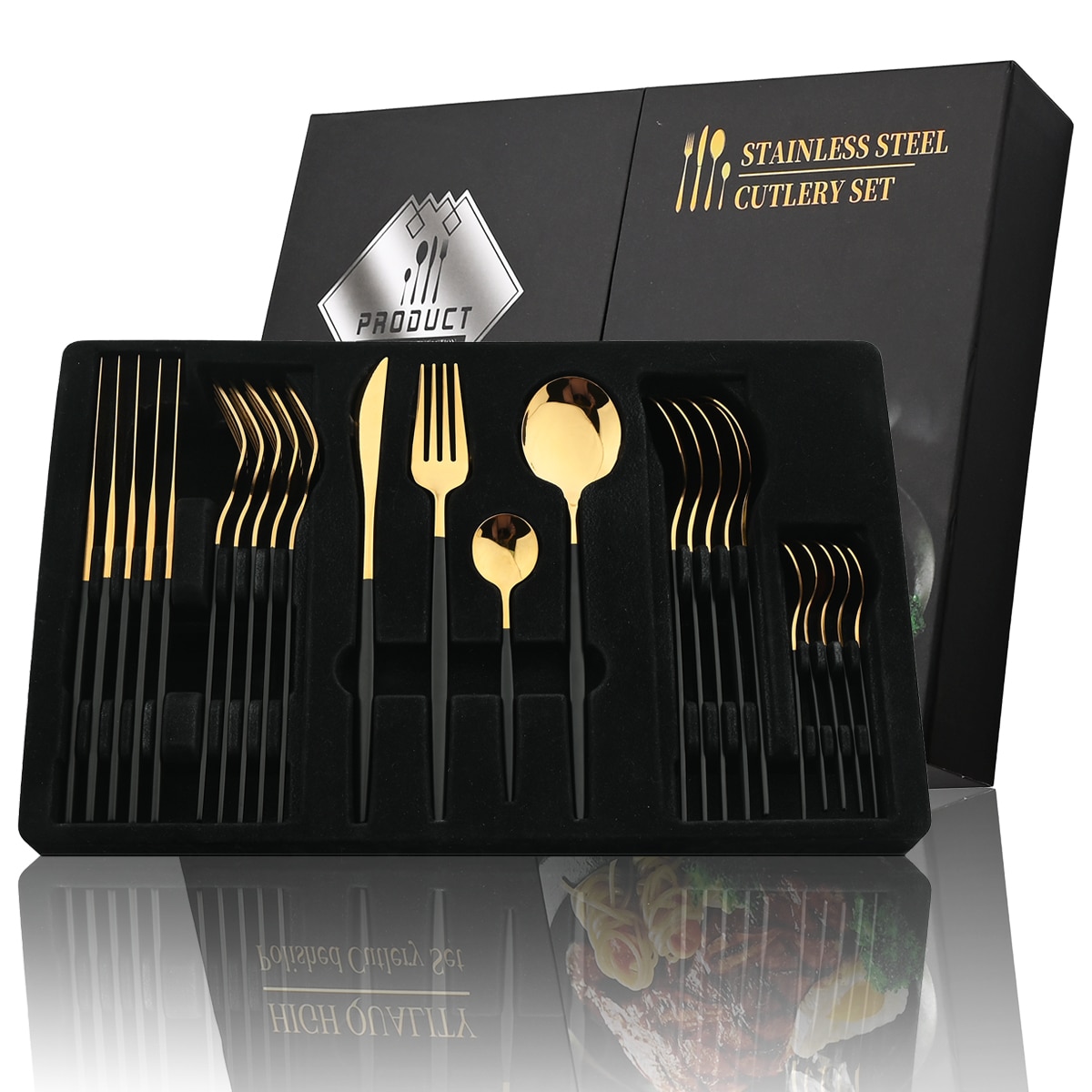 24 Piece Black Handle Golden Cutlery Set | Stainless Steel Knife Fork Spoon | Tableware Flatware Set For Kitchen & Dinin Green Gold