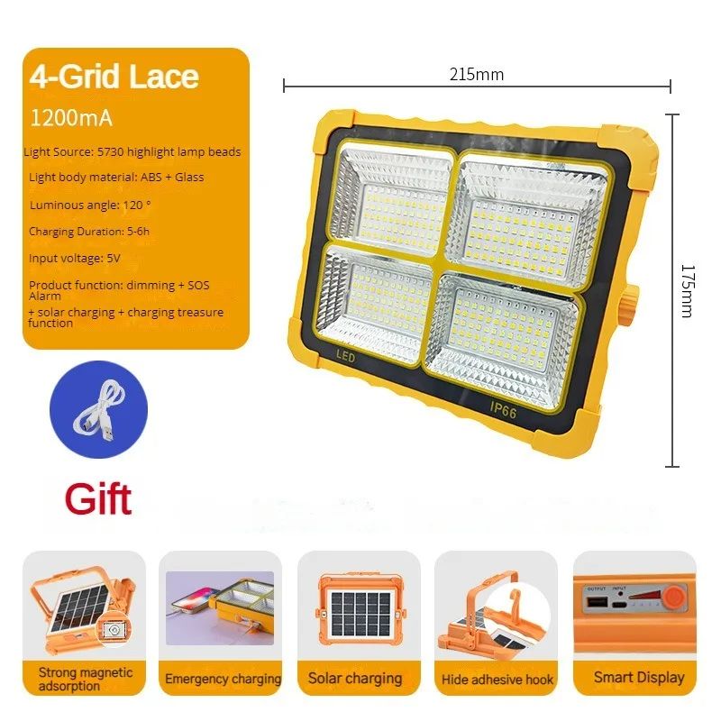 Camping Lantern Solar Rechargeable LED Tent Light With Magnet Powerful Flashlight & Power Bank For Emergency,Repair Use 4gird 1200ma