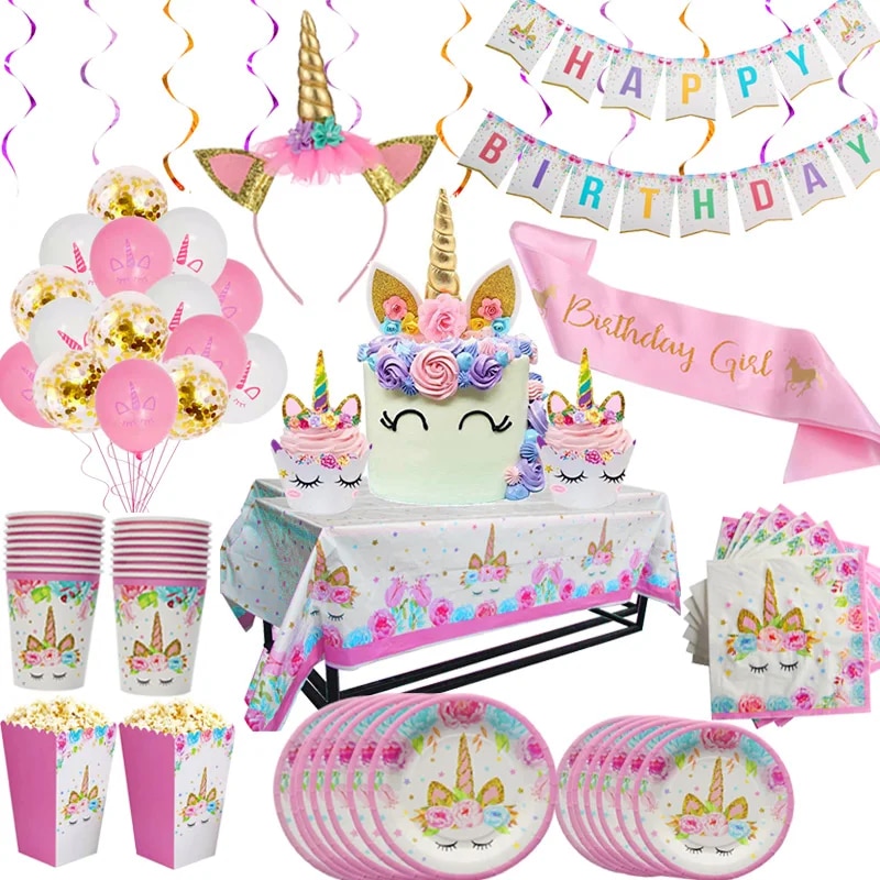 Unicorn Party Supplies: Plates, Napkins, Cups, Balloons & Decorations For Kids Birthday, Baby Shower, Girl's Party 1set Cake Tower