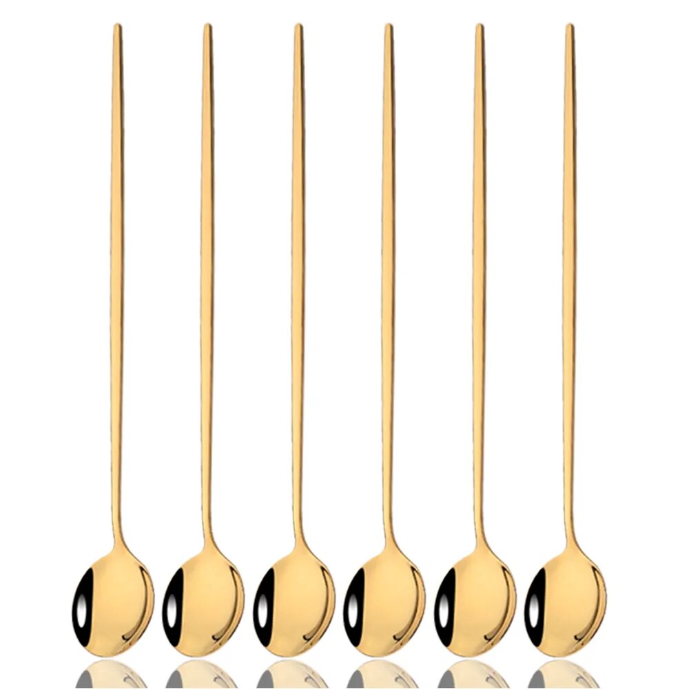6Pcs Gold Cutlery Set: Coffee, Tea, Juice Spoons Long Handle Scoops For Ice Cream Kitchen Tableware Tools 6Pcs Black Gold