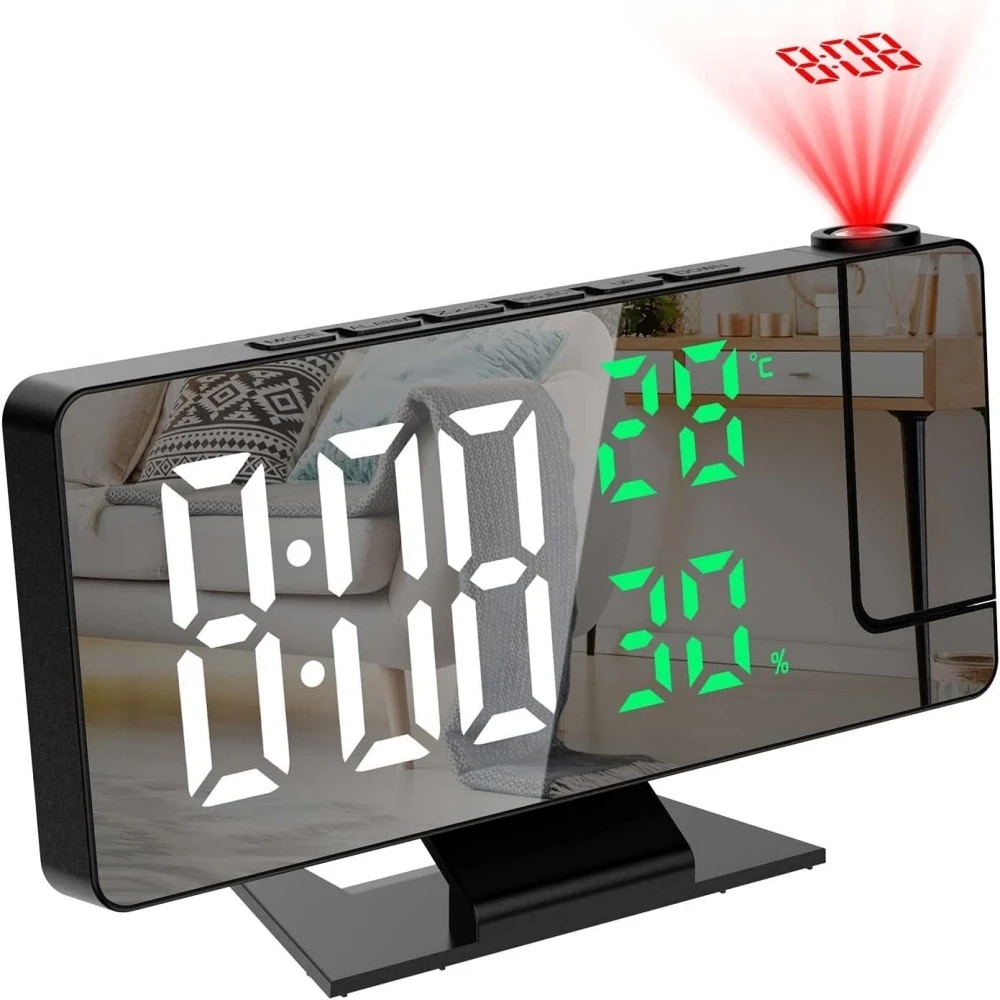180 Arm Projection Digital Alarm Clock With Temperature, Humidity, Night Mode, Snooze, 12 24H USB Projector LED Clock 1
