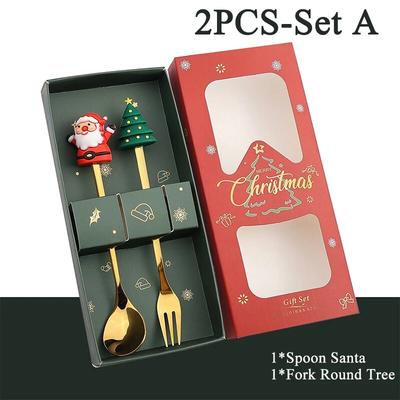Christmas Party Cutlery Set: Stainless Steel Tableware, Gold Spoon & Forks Xmas Decoration Gift (2 4 6Pcs) 2PCS SetA