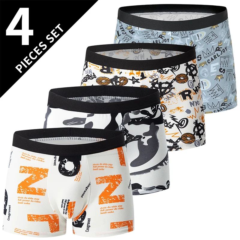 4 Piece Men Fashion Print Mix And Match Underwear Comfortable, Breathable Beach Shorts For Teenager black l