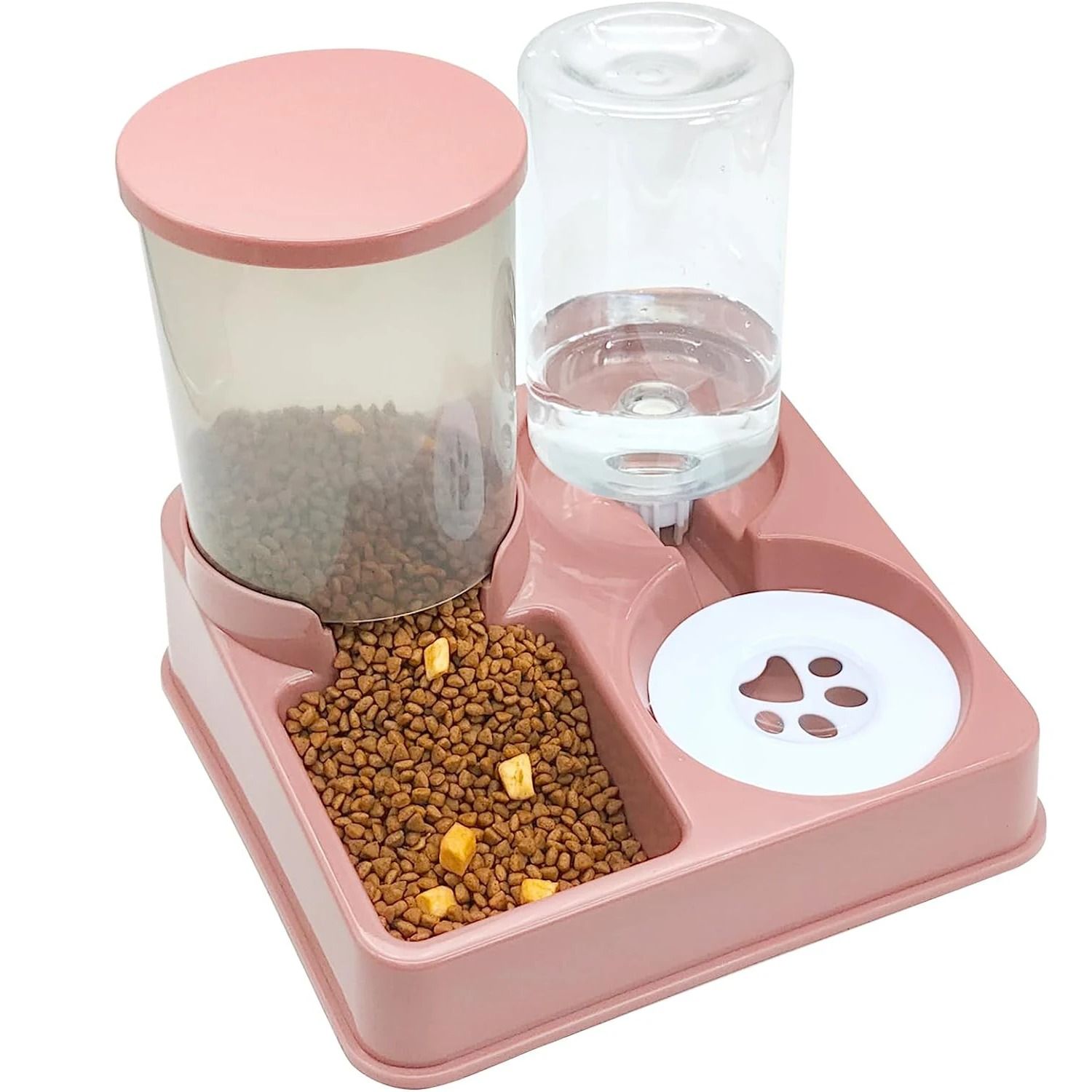 Automatic Cat Feeder And Water Dispenser Set 2 in 1 Tilted Gravity Pet Food And Water Feeder pink