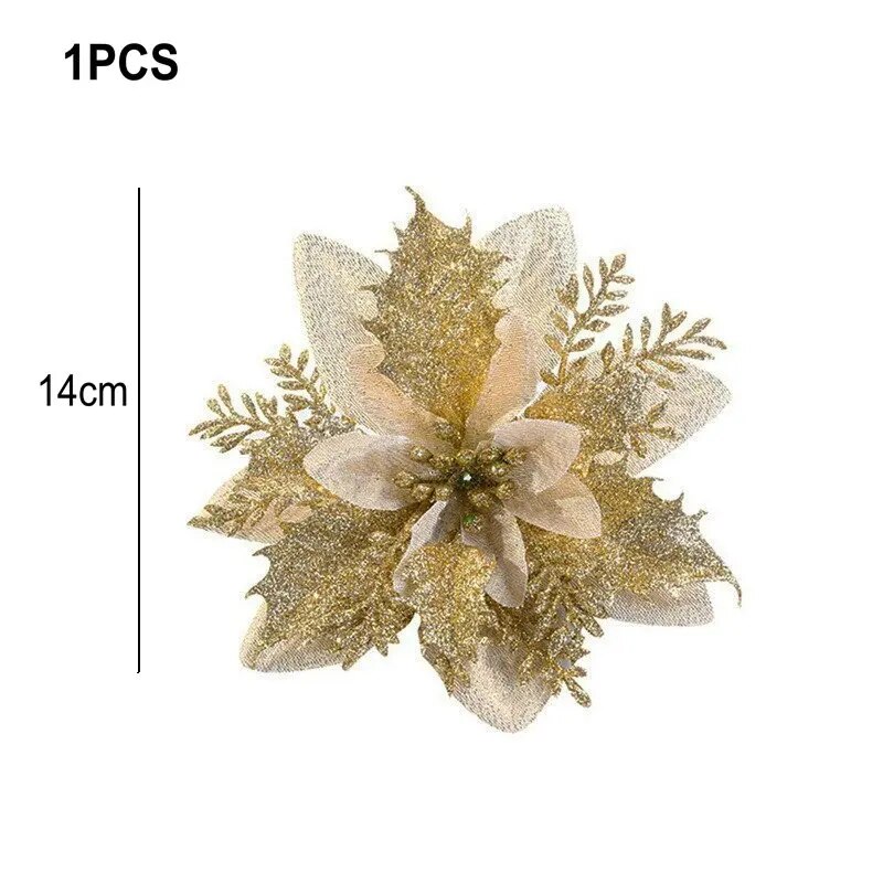 Glitter Artificial Christmas Flowers For Tree Decoration & New Year Ornaments Xmas Fake Flowers Natal Gold 1PCS