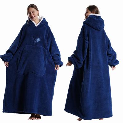 Extra Long Wearable Blankets Winter Flannel Hooded Blanket With Full Sleeves Men Women Cozy Soft Throw Adult TV Blanket blue cloth Length 140cm