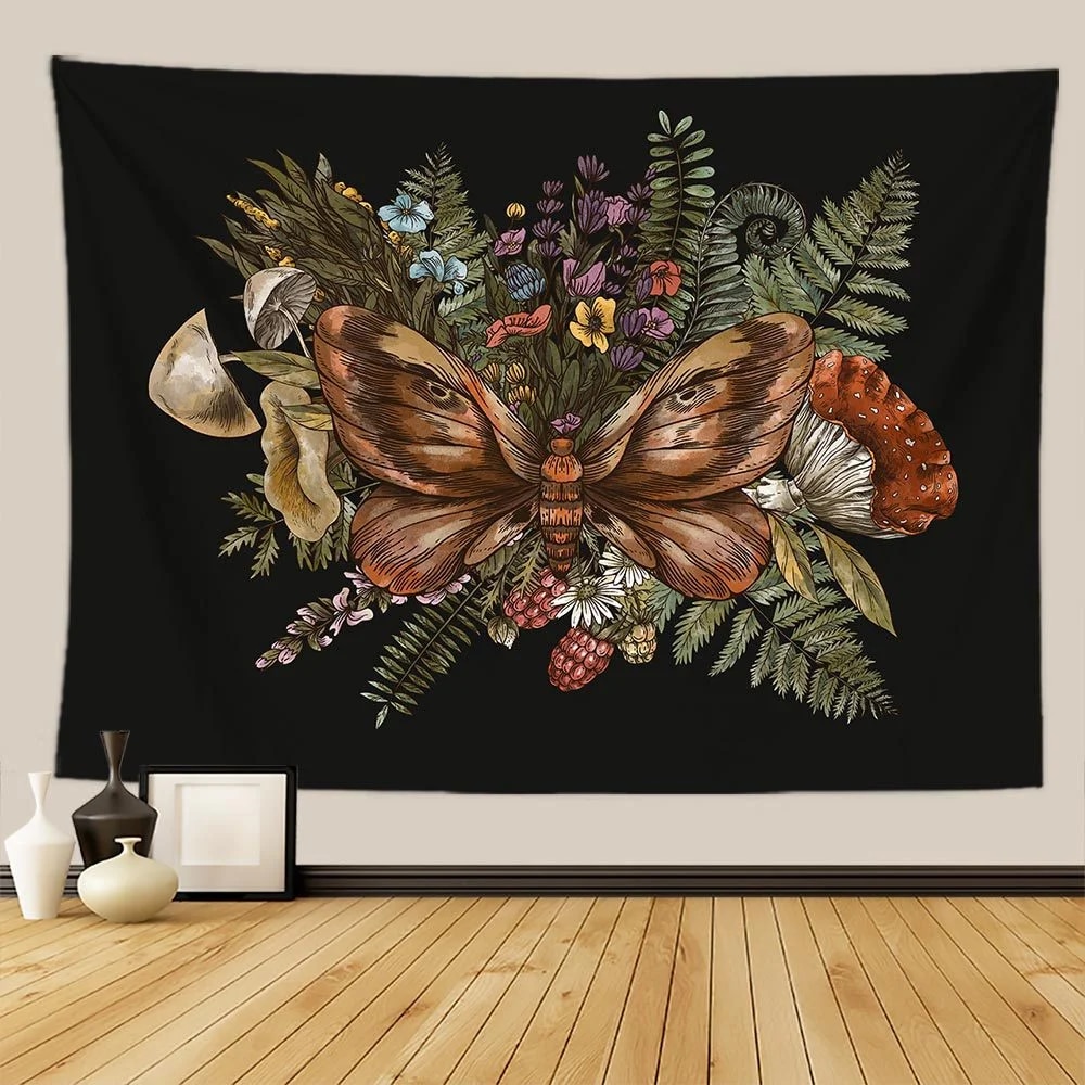 Botanical Print Floral Tapestry: Vintage Boho Mushroom & Wildflower Wall Hanging Colorful Home Decor TGA2975 75x58cm