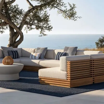 Nordic Hotel Villa Outdoor Sofas Garden Furniture Waterproof PE Hotel Villa Garden Rattan Aluminum Teak Wood Sectional Sofa Set