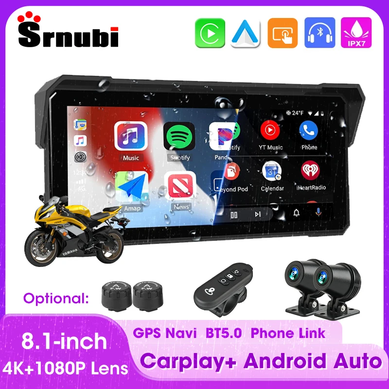 Srnubi Tragbare 8,1 Zoll IP67 Wasserdichte Motorrad GPS Navigation für Apple Carplay Android Auto 4K DVR Moto Recorder Monitor Image