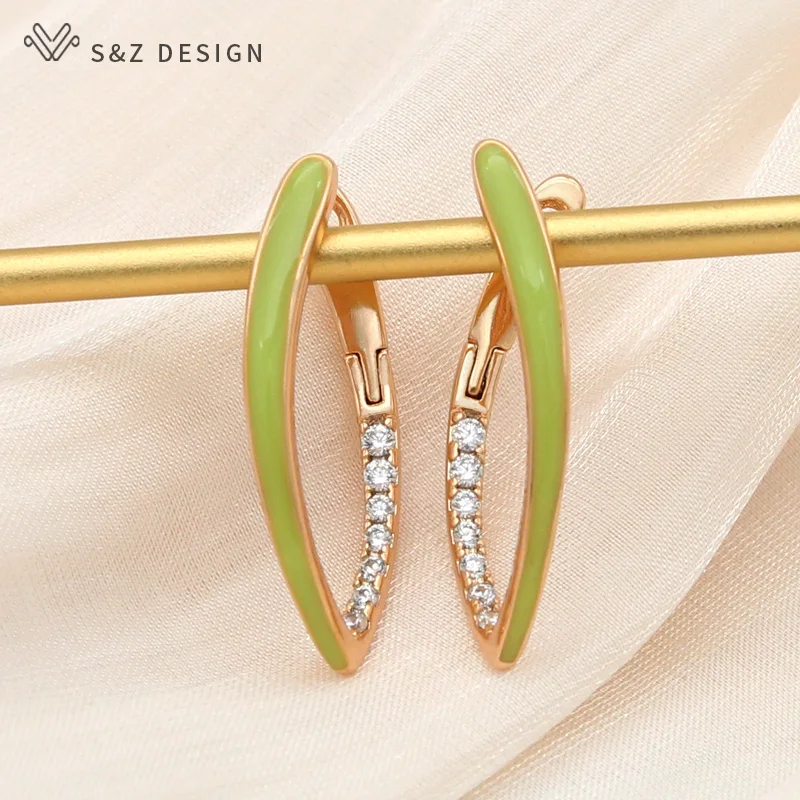 S & Z DESIGN Neue Mode Gold Farbe Grün Emaille Baumeln Ohrringe Für Frauen Hochzeit Party Zirkonia Schmuck Image
