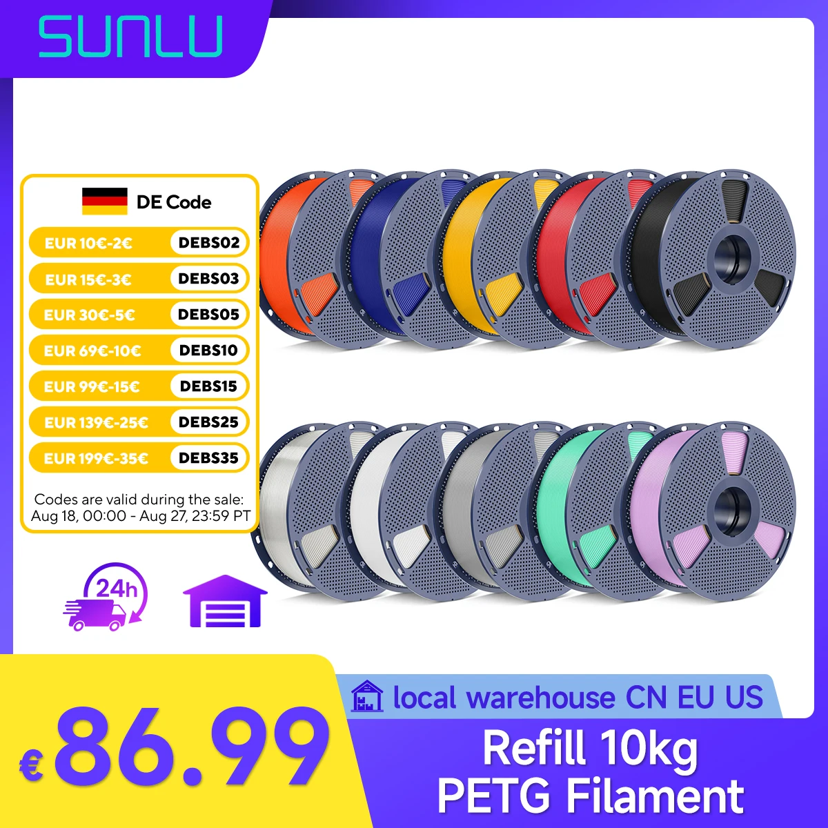 SUNLU PETG-Filament, 10 kg, Nachfüllung, 10 Rollen, für Bambu Lab PETG-Filament, PETG/ABS/TPU/PLA, 3D-Drucker-Filament-Trocknerbox, schnelles Schiff Image
