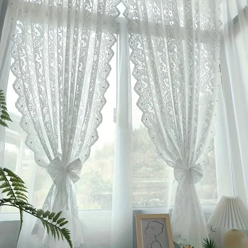 1 Stück eleganter französischer Landhaus-Spitzen- und Perlenvorhang mit Phönix-Schwanzwellen-Design – perfekt für Wohnzimmer und Schlafzimmer Image
