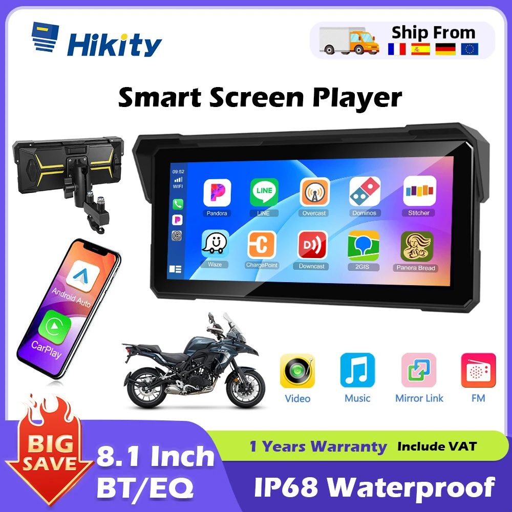 Hikity Hikity 8,1-Zoll-Bildschirm Tragbarer Carplay-Motorrad-GPS-Smart-Player Unterstützt Android Auto IP68 Wasserdichte GPS-Navigation