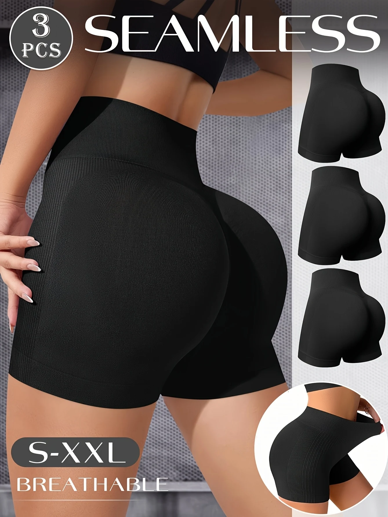 3-teilige nahtlose Yoga-Shorts mit hoher Taille – Bauchkontrolle, Workout-Unterwäsche, atmungsaktives, schnell trocknendes Nylon mit Seitenteil Image