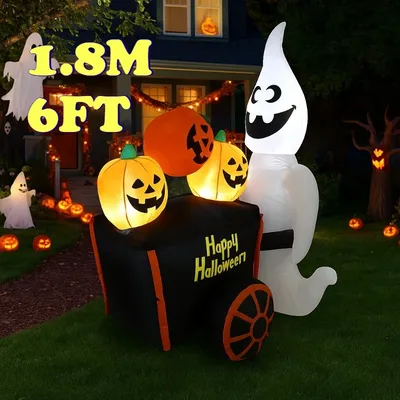 6FT Party & Urlaub DIY Dekorationen Aufblasbares Spielzeug Halloween Geist Push Kürbis Wagen mit LED-Leuchten Aufblasbares Modell für den Außenbereich Image