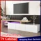 Anajqaqia Meuble TV 197.5x39x42 cm, meuble TV moderne avec lumière LED et 3 portes, blanc brillant, étagères en verre, couleur bois blanc