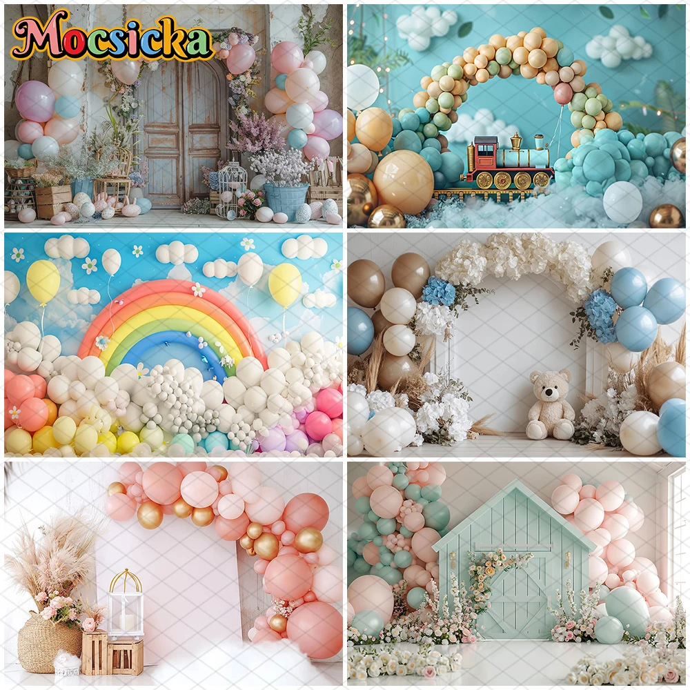 Mocsicka Geburtstag Fotografie Hintergrund Regenbogen Ballon Party Liefert Dekorationen Kind Baby Dusche Kulissen Banner Photocall Image