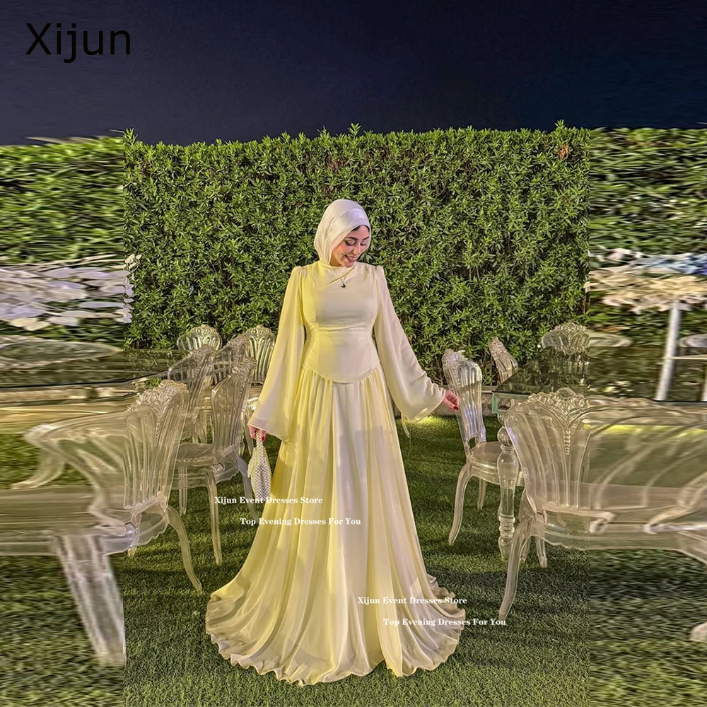 Xijun Modest Baby Gelbe Abendkleider Chiffon Lange Ärmel A-Linie Formelle Ballkleider Bodenlanges Dubai-Abschlussballkleid Maßgeschneidert Image