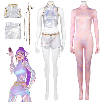 Dämonenjäger von KPop Rumi Cosplay Fantasy Weißer Gesangsanzug Kleidung 2025, Cartoon-Kostüm Verkleidung Erwachsene Frauen Rollenspiel-Outfits Image