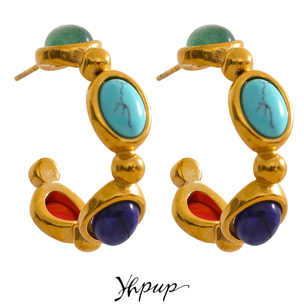 Yhpup 316l Edelstahl Naturstein Vintage Bunte Creolen PVD 18k vergoldet Hochwertiger Modeschmuck für Frauen Image