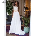 Robe de soirée en mousseline de soie à manches courtes et col rond, robes de mariée élégantes, perles scintillantes, dentelle personnalisée, 2 pièces, 2024