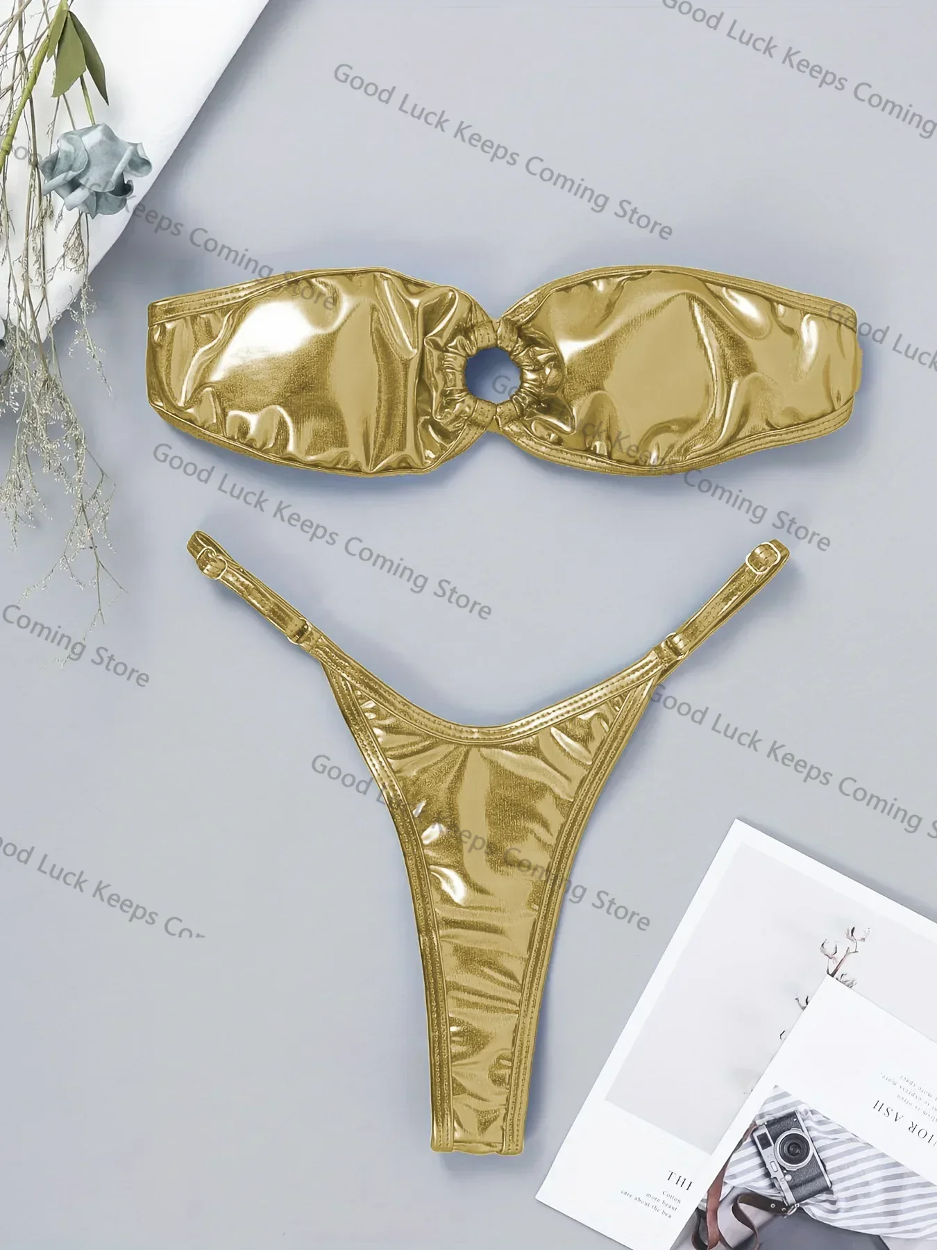 Sexy Bandeau-Bikini 2025, Damen-Bikini, Gold, Schwarz, Metallring, verbunden, aushöhlen, Push-Up, Mikro-Badeanzug, glänzender Badeanzug, Tanga-Badebekleidung Image