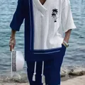 Pantaloncini lavorati a maglia casual stampati digitali in 3D da uomo estivi, ampio abito a maniche corte con scollo a V