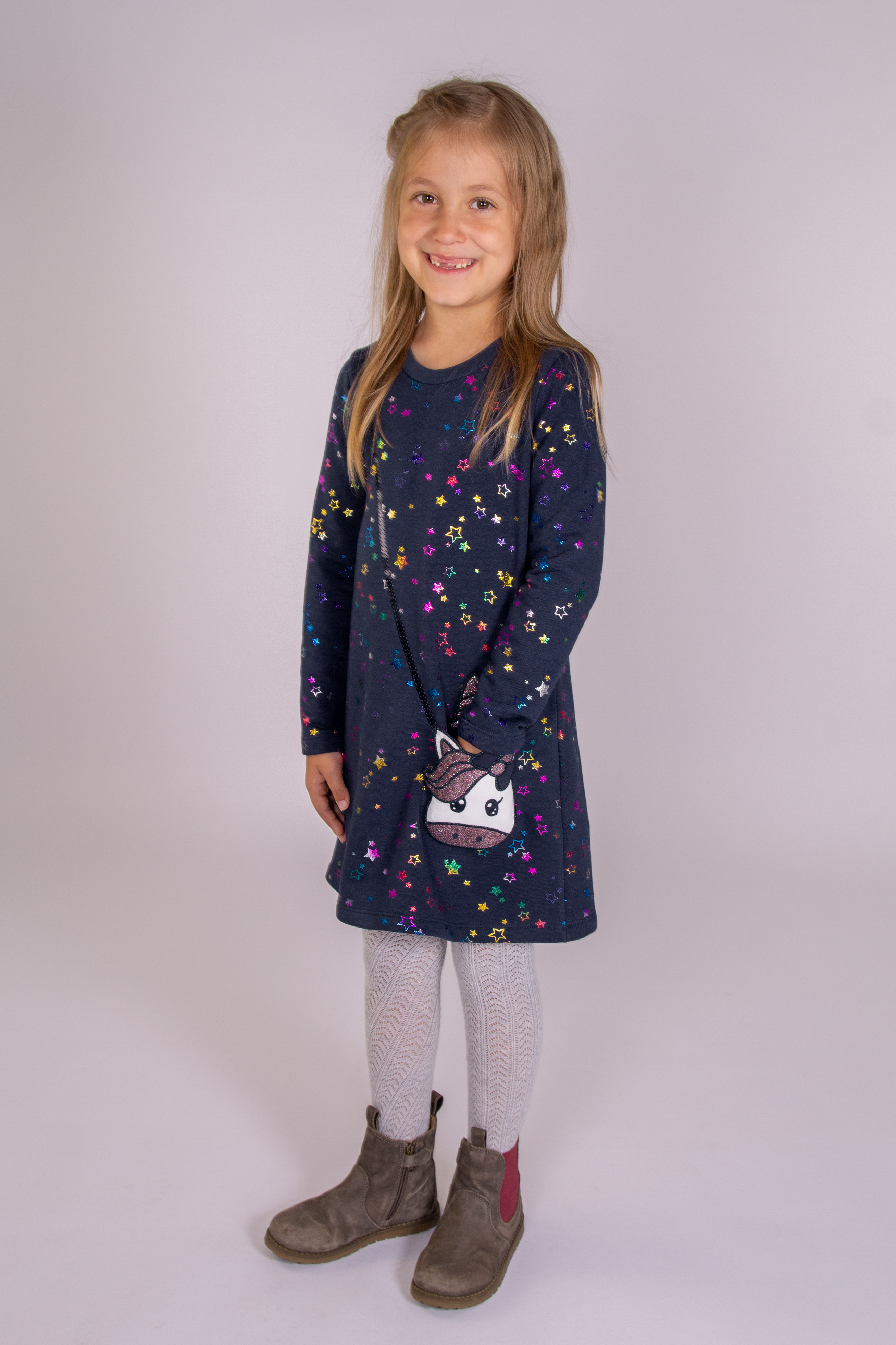 Strickkleid HAPPY GIRLS, Mädchen, Gr. 152, N-Gr, blau (navy), Jersey, Obermaterial: 70% Baumwolle, 30% Polyester, bedruckt, regular fit, Rundhals, Kleider, mit tollem Einhorn-Motiv Image