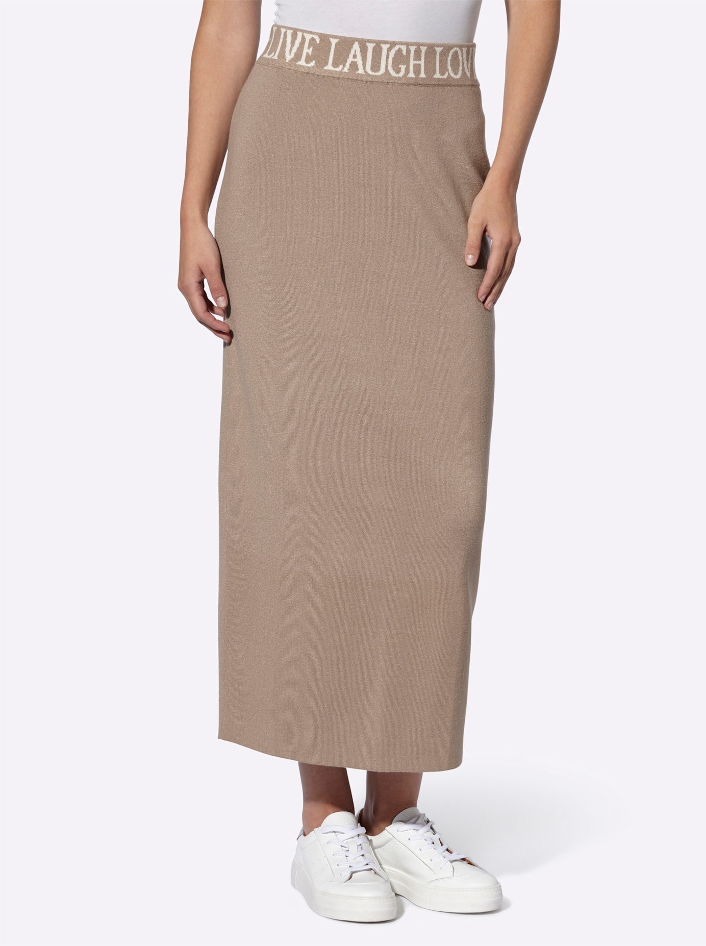 Strickrock HEINE, Damen, Gr. 44, beige (sesam), 50% Viskose, 28% Polyester, 22% Polyamid, unifarben, lang, Röcke Image