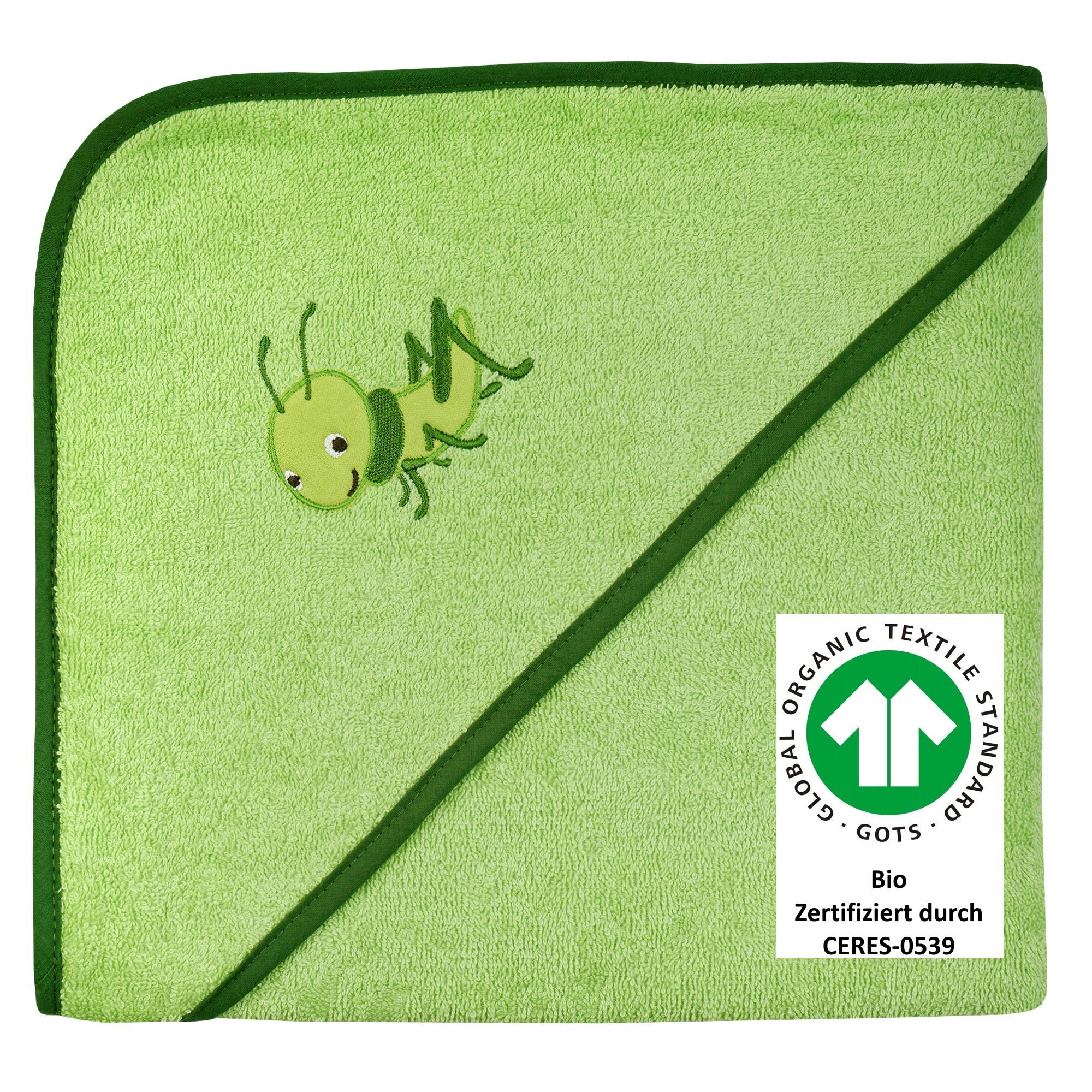Kapuzenhandtuch WÖRNER "Grashüpfer 100/100", hellgrün, B:100cm L:100cm, Frottee, Frottee, Handtücher, Biobaumwolle, mit Kapuze, maschinenwaschbar, trocknergeeignet