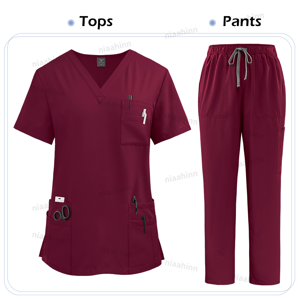 Unisex High Quality Nurse Uniform Set, Medical Clothing For Women With Lab Coat, Tops, And Pants, Nursing Scrubs Suit burgundy xl