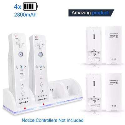 Nintendo Wii Remote Charger Dock Station With 4 Rechargeable Battery Packs, Fast Charging For Wii Wii U Controllers white