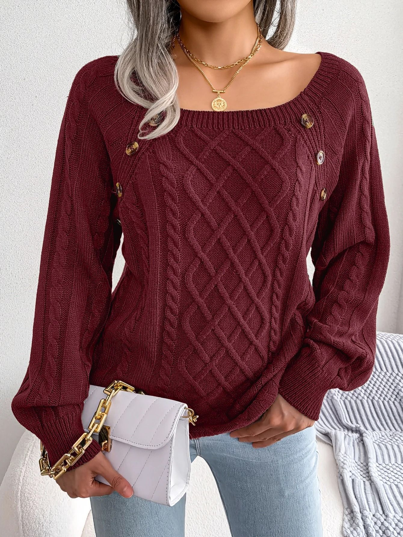 Square Neck Buttoned Knit Sweater For Women With Long Sleeves For Fall And Winter l burgundy