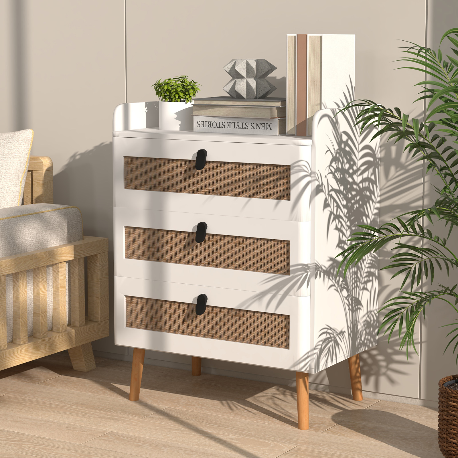 White Modern End Table, 3 Rattan Decorated Drawers For Rustic Home Decor White Modern End Table, 3 Rattan Decorated Drawers For Rustic Home Decor