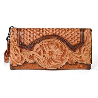 Genuine Leather Long Ladies Wallets For Woman, MOTAORA Vintage Embossed Women's Wallet, Clutch Purse Organizer brown