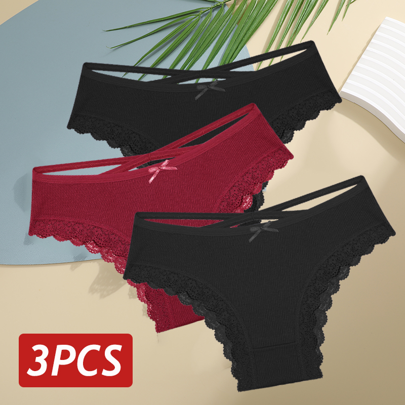 Women Cotton Panties, Sexy Low Rise Lace Brazilian Briefs, Soft Breathable Lingerie With Bowknot set 8 m