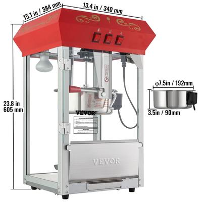 Electric Popcorn Maker Commercial Popper Machine, Automatic Corn Cookware With Scoop, Spoon & Heating Tube 8 Oz Countertop