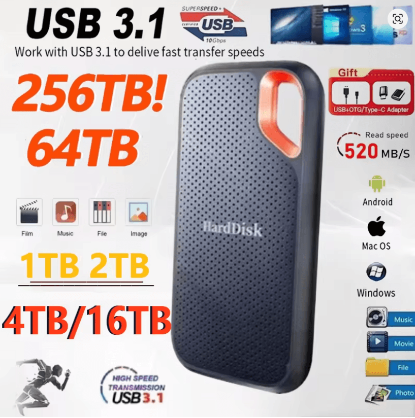 Portable External Hard Drive 1TB 2TB USB C For Laptop And Mac Backup Storage 8tb