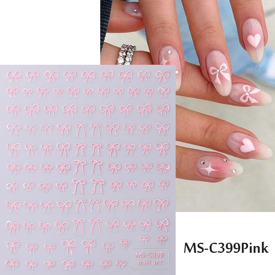 Self Adhesive Nail Art Stickers, Mini Bowknot Design With Lace Ribbons, Bows & Butterfly Decals For Stunning Nails ms c399 Pink