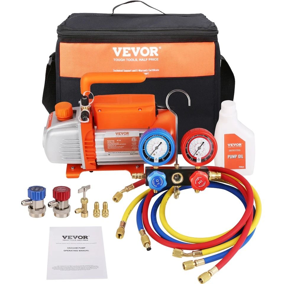 HP HVAC Vacuum Pump And Gauge Set 4 CFM Manifold Gauge Kit With Hose For Professional Refrigeration & AC Maintenance HP HVAC Vacuum Pump And Gauge Set 4 CFM Manifold Gauge Kit With Hose For Professional Refrigeration & AC Maintenance