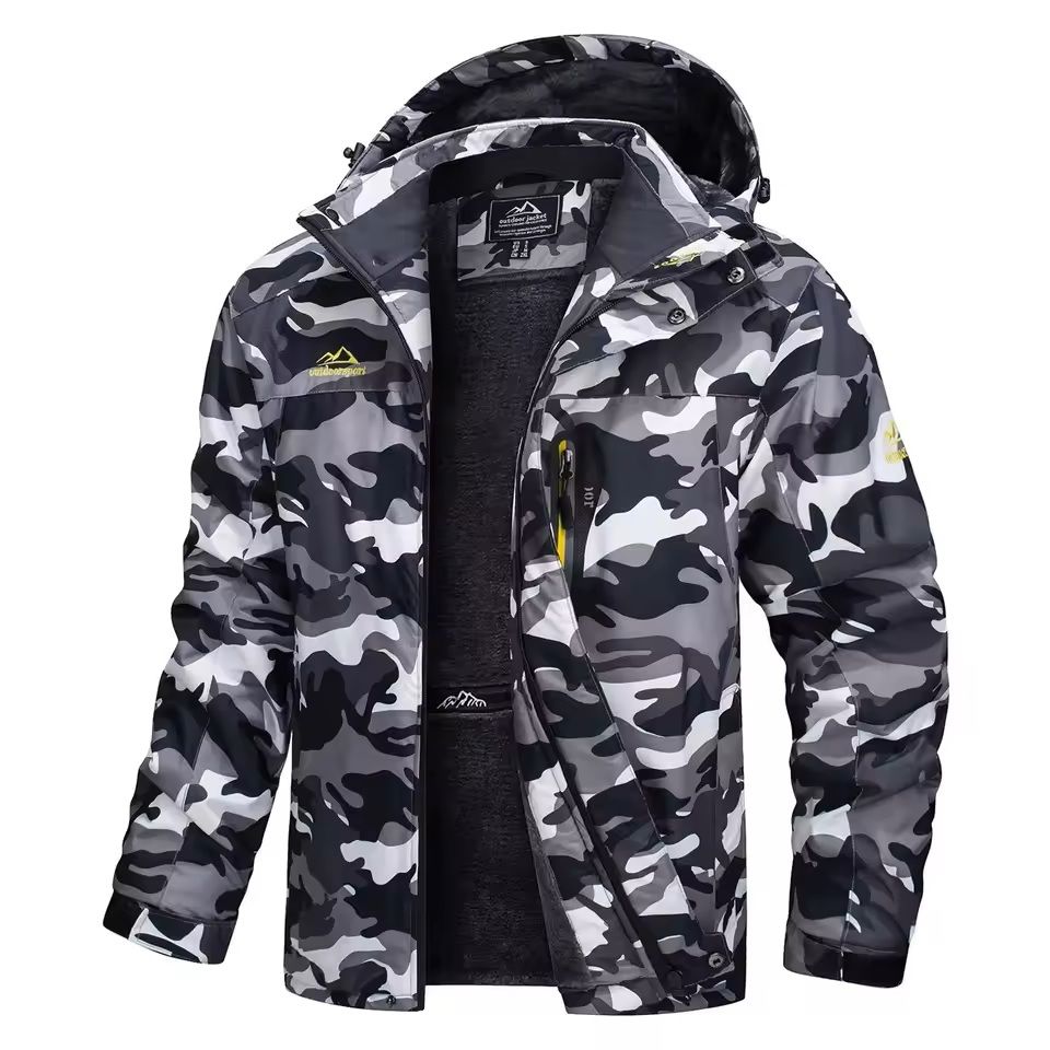 Mens Waterproof Ski Jacket With Fleece Lining And Removable Hood black Camo us Xl