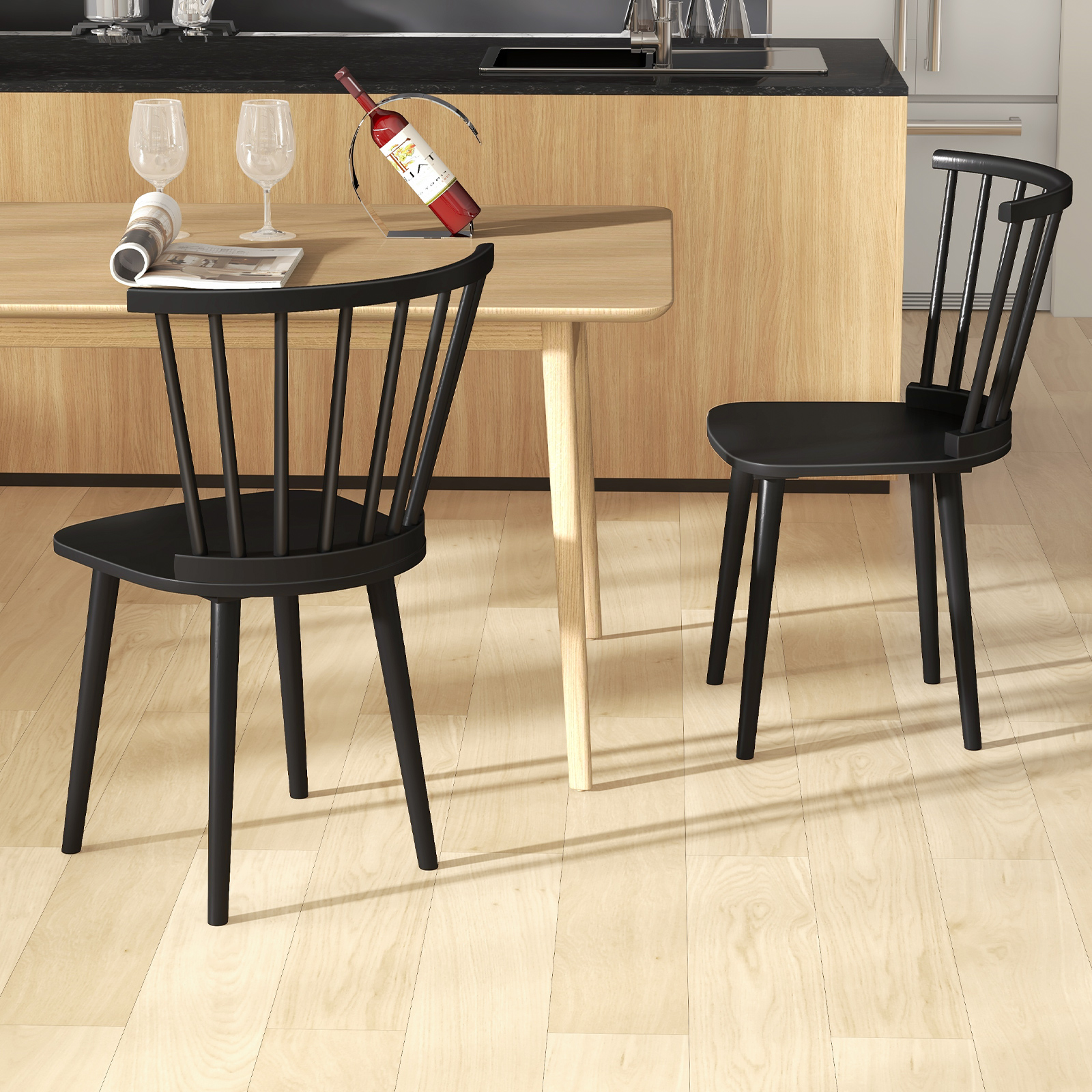 Rubber Wood Kitchen Chairs, Set Of 2 Windsor Dining Chairs With Spindle Back & Ergonomic Design Rubber Wood Kitchen Chairs, Set Of 2 Windsor Dining Chairs With Spindle Back & Ergonomic Design