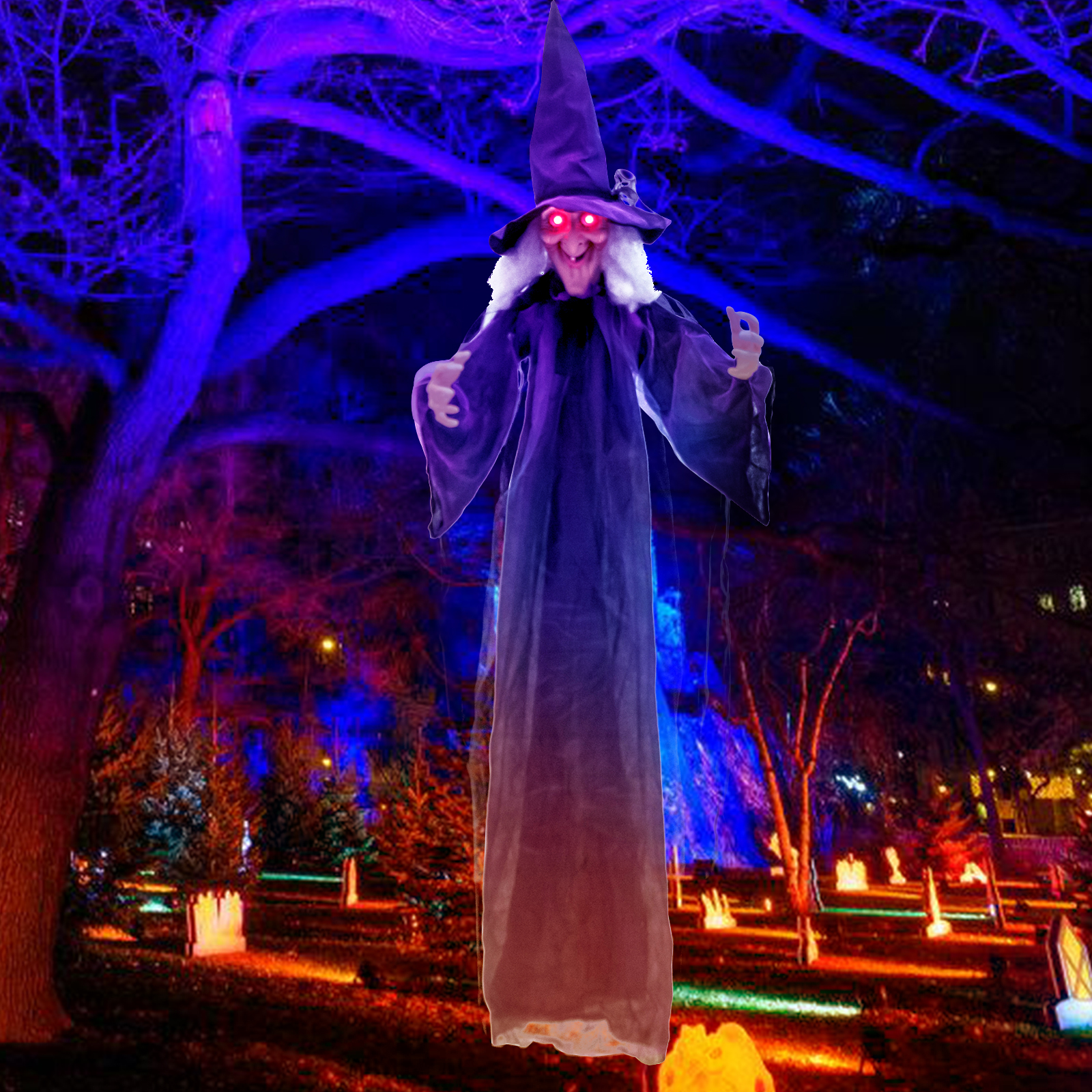 6FT Hanging Halloween Decoration With Pre Recorded Phrases, Animated Witch With Motion Sensor, Glowing Eyes, And Creepy 6FT Hanging Halloween Decoration With Pre Recorded Phrases, Animated Witch With Motion Sensor, Glowing Eyes, And Creepy