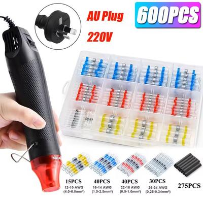 Waterproof Heat Shrink Wire Connector Kit Solder Seal Crimp Terminals With Optional Heat Gun (501200 Pcs) 600pcs Gun(220v Au)