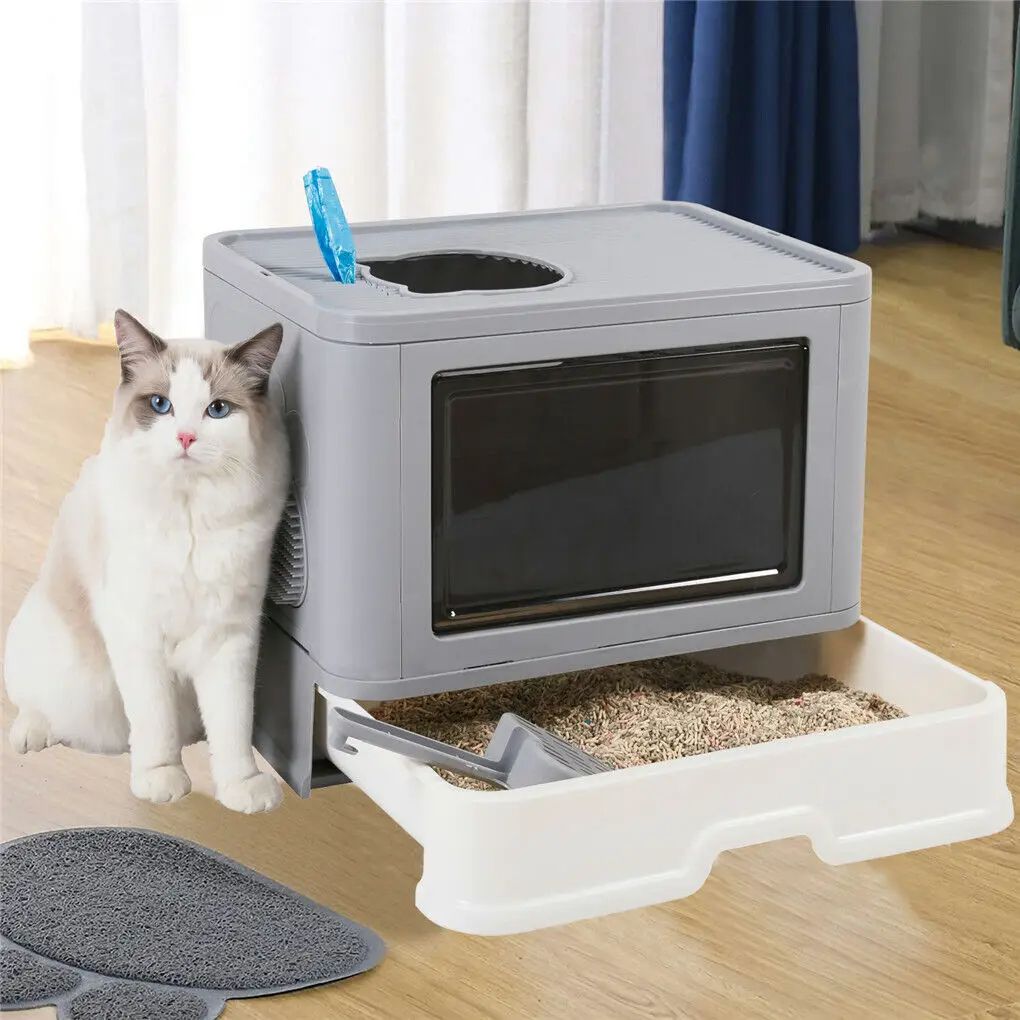 Foldable Cat Litter Box With Front Entry & Top Exit, Litter Scoop Enclosed Kitty Toilet With Massager For Kittens & Cat Foldable Cat Litter Box With Front Entry & Top Exit, Litter Scoop Enclosed Kitty Toilet With Massager For Kittens & Cat