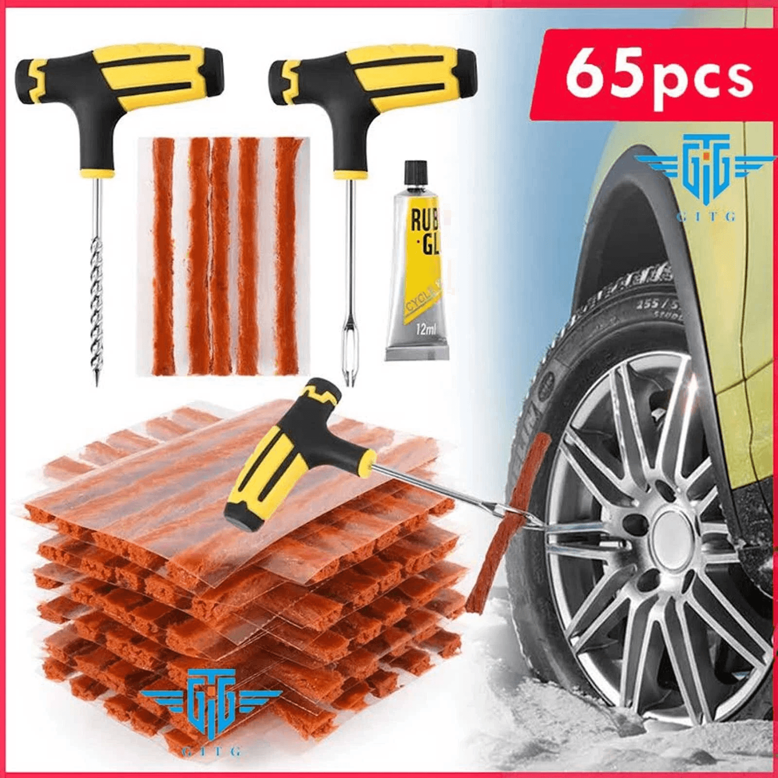 65pc Tire Repair Kit For Car Truck Motorcycle Heavy Duty DIY Flat Tire Plug Patch Kit With T Handle Tools For Auto Home 65pc Tire Repair Kit For Car Truck Motorcycle Heavy Duty DIY Flat Tire Plug Patch Kit With T Handle Tools For Auto Home