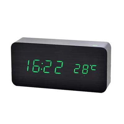 Wooden Digital LED Alarm Clock Minimalist Desk And Bedside Clock With Temperature And Sound Control Display black Green Led